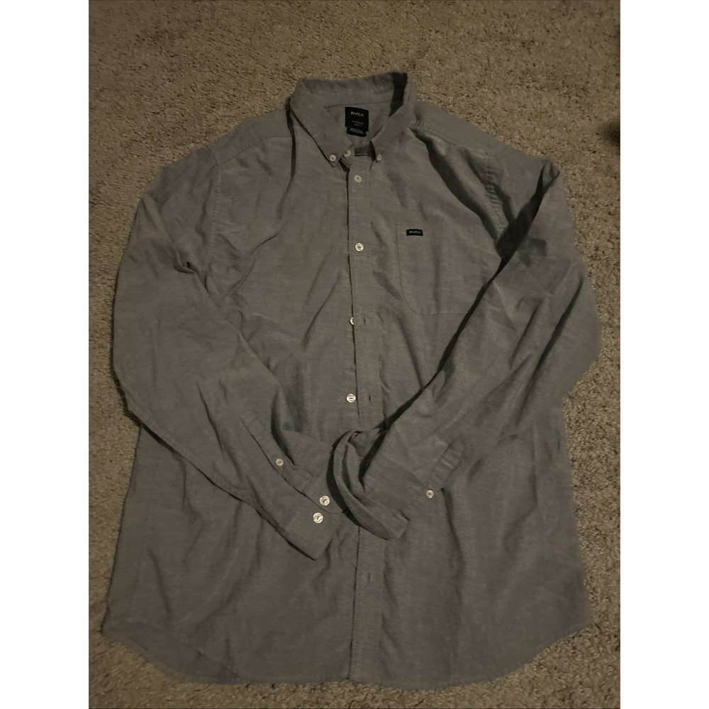 RVCA Shirt Mens Extra Large Blue Oxford Button Down Slim Fit Cotton Long Sleeve